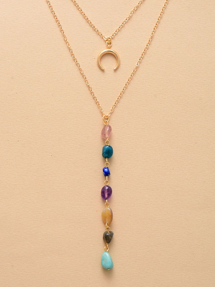Skhek  High End Natural Stones 7 Chakra Gold Chain Heart Pendant Chokers Necklace Minimalist Women Spiritual Layered Jewelry