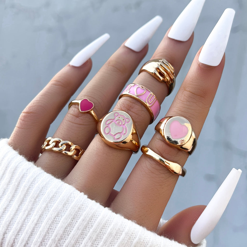 Skhek  Cute Pink Butterfly Ring Set for Women Gothic Angel Letter "GIRL" Crystal Aesthetic Heart Anillos Couple Jewelry Gifts