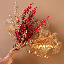 Load image into Gallery viewer, Christmas Gift Golden Artificial Eucalyptus Leaf Fan Leaf Fake Red Fruit Artificial Flower for Wedding Home Christmas Decoration Plant