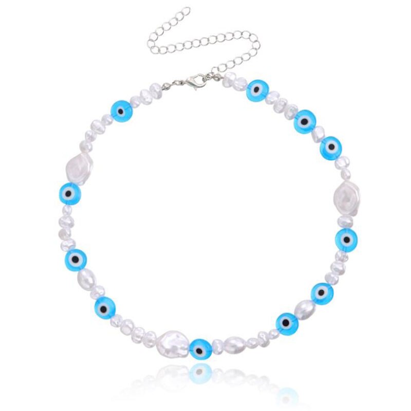 New Korea Pearl Necklace Colorful Beaded Evil Eye Charm Statement Short Choker Necklaces for Women Vacation Jewelry