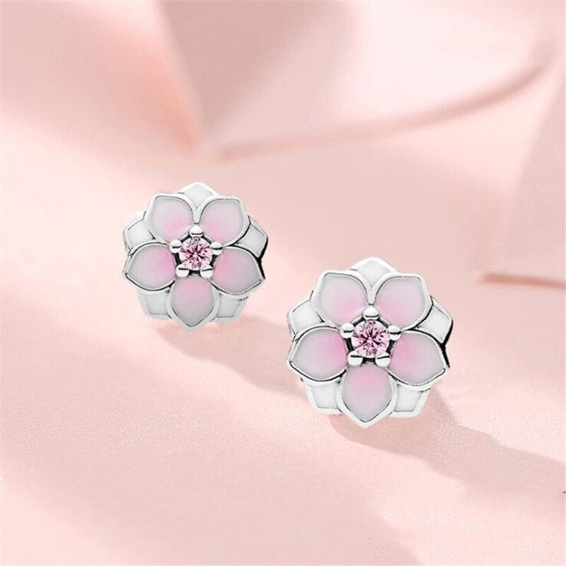 Christmas Gift New Beautiful Magnolia Flower 925 Sterling Silver Jewelry Fashion Lover Birthday Gift Pink Crystal Popular Stud Earrings E042