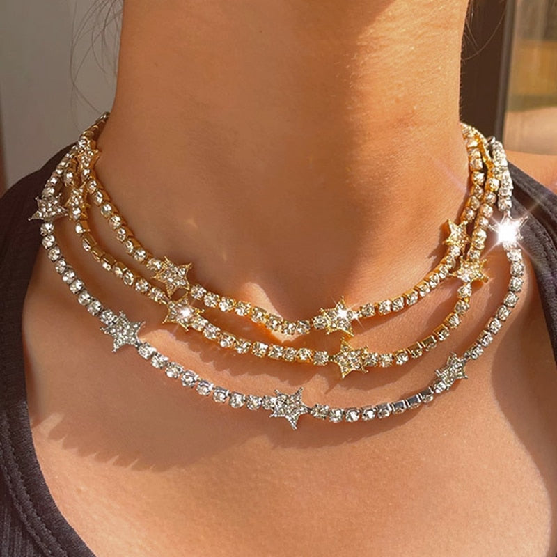 Skhek Bling Full Rhinestone Star Tennis Chain Necklace For Women Luxury Crystal Flowers Butterfly Choker Necklace Trendy Jewelry Gift