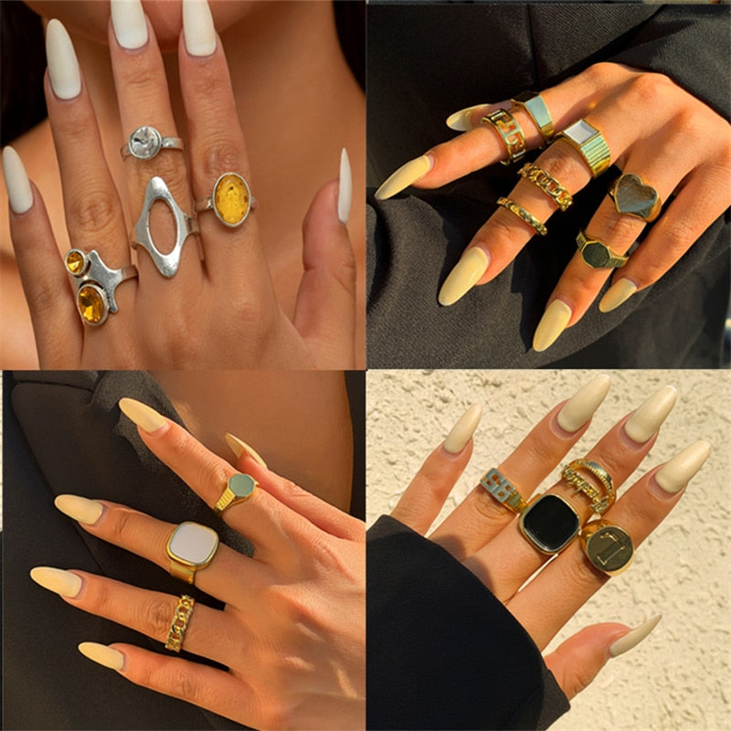 SKHEK Vintage Metal Colorful Rhinestones Resin Geometric Square Love Round Rings Set For Women Girls Jewelry Party