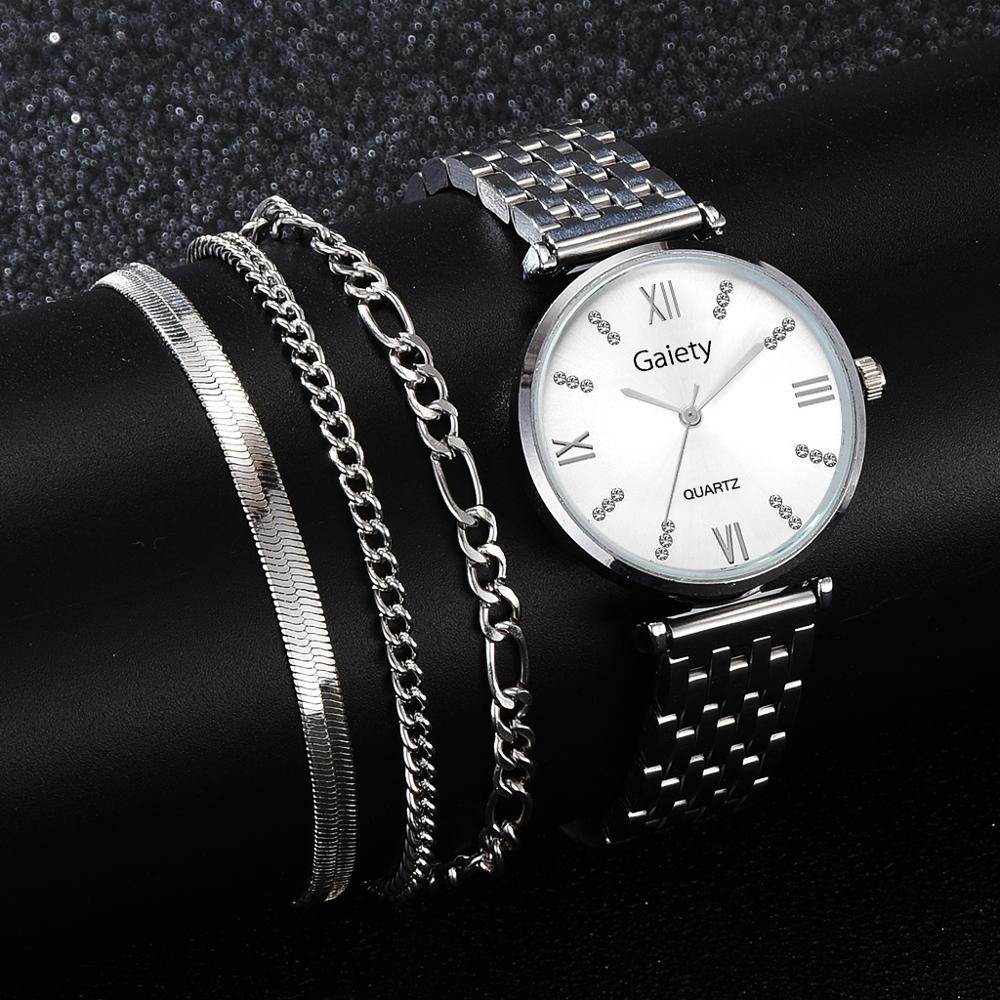 Christmas Gift 4PCS Set Watches For Women Crystal Diamond Rose Gold Steel Strap Ladies Wrist Watches Bracelet Female Clock Relogio Feminino