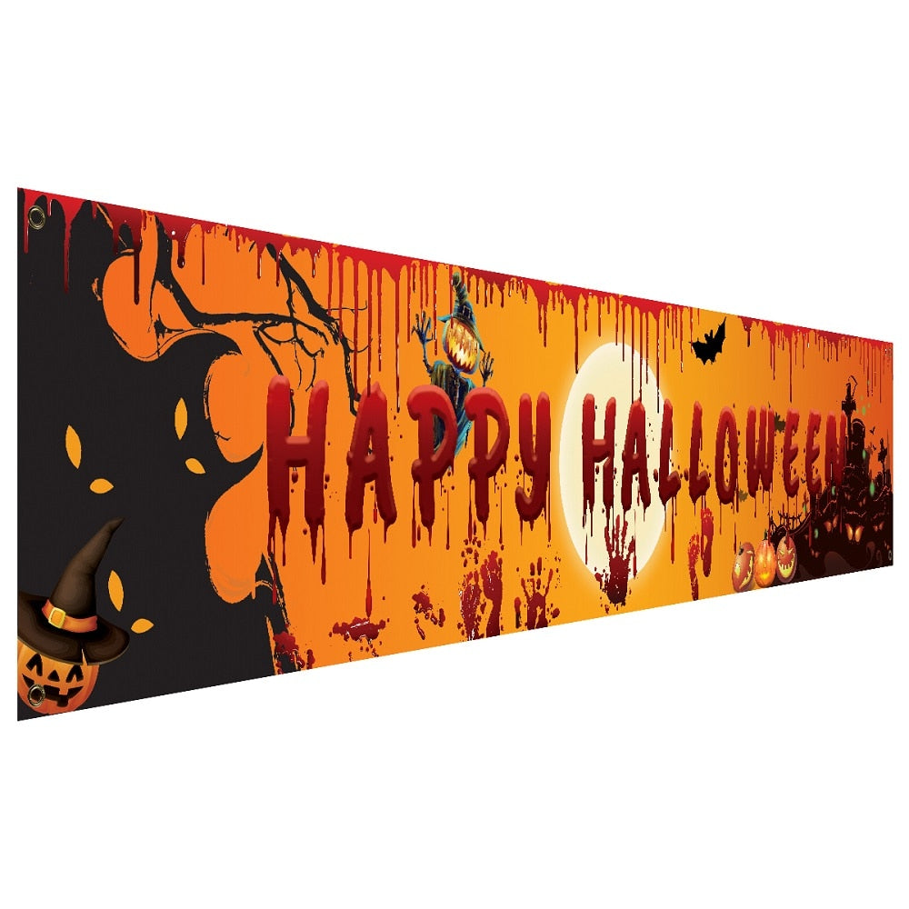 SKHEK 250X48cm Latest Happy Halloween Bloody Bat Pumpkin Ghost Print Party Backdrop Hanging Banner Halloween Decor