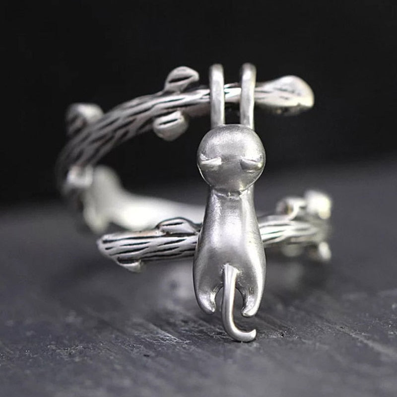 Skhek New cat climbing branches metal ring creative fashion European and American style open ring