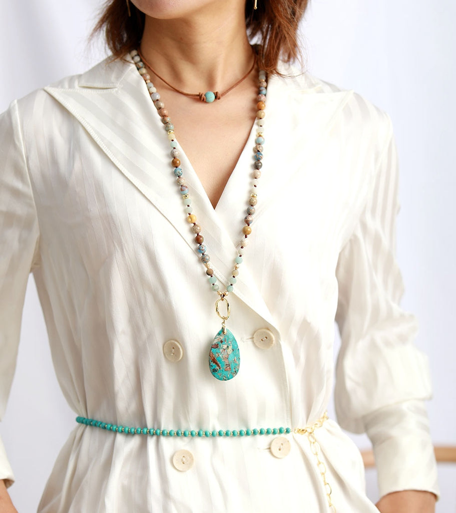 Skhek New Chokers Necklaces Semi Precious Stone Short Collar Women Fashion Statement Necklace Vintage Leather Jewelry Bohemian