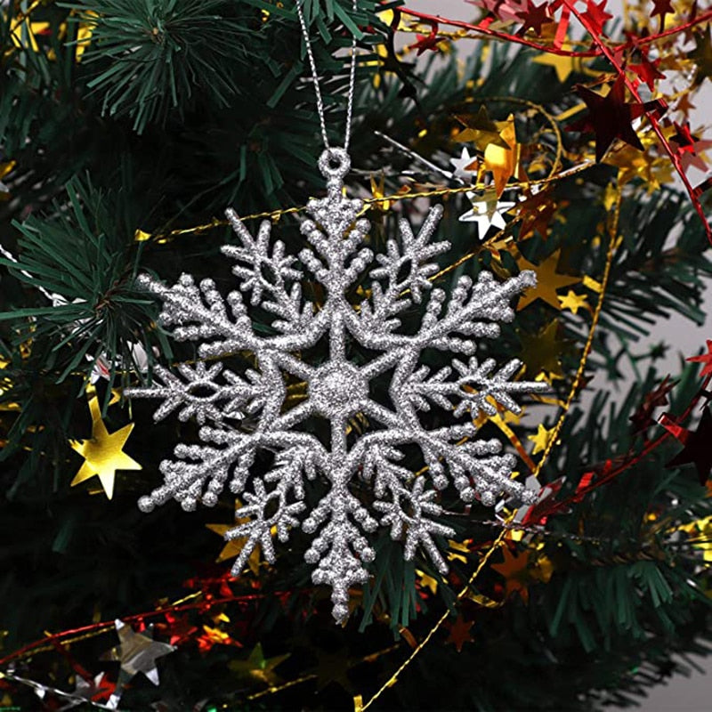 Christmas Gift 12pcs Snowflakes Christmas 10cm Plastic Glitter Snow Flake Ornaments Christmas Tree Pendant Christmas Decorations for Home 25