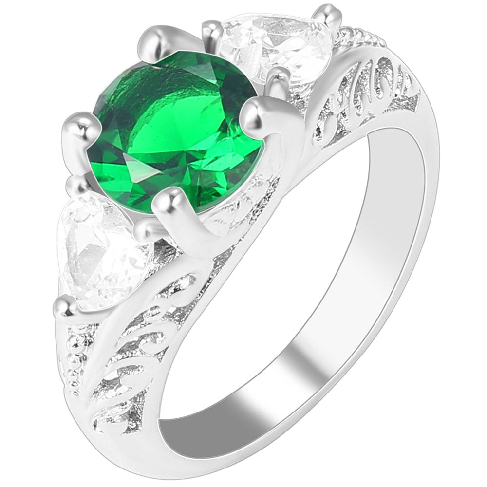 Luxury Women Wedding Engagement Green Zircon Ring Retro Silver Color Ring Band with Crystals Stone Finger Ring Jewelry