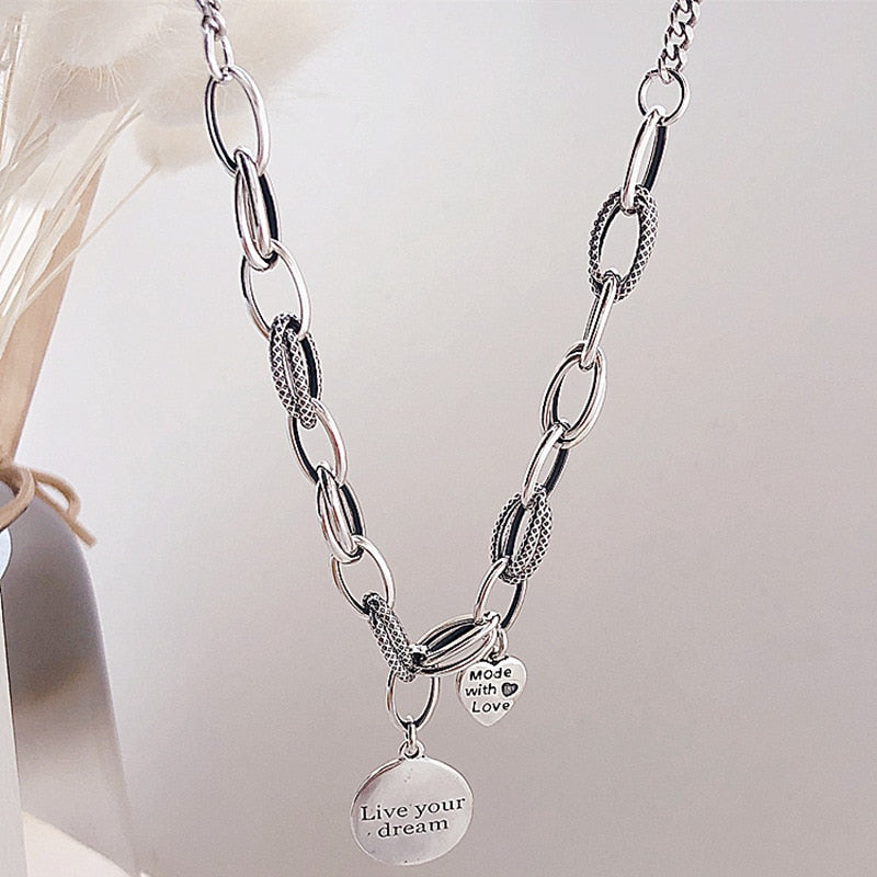 Skhek Thick Chain Necklace INS Fashion Hip Hop Vintage Design LOVE Heart Pendant Thai Silver Party Jewelry