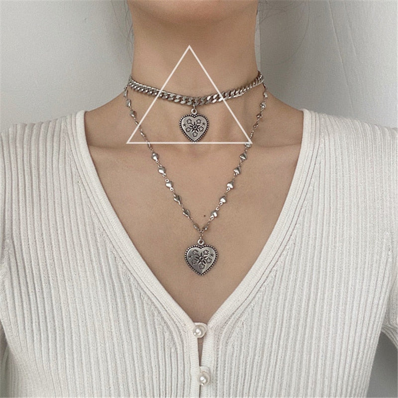 SKHEK Kpop Harajuku Goth Punk Butterfly Heart Aesthetic Necklace For Egirl Stainless Steel Bead Chain Collares Largos Mujer Joyeria