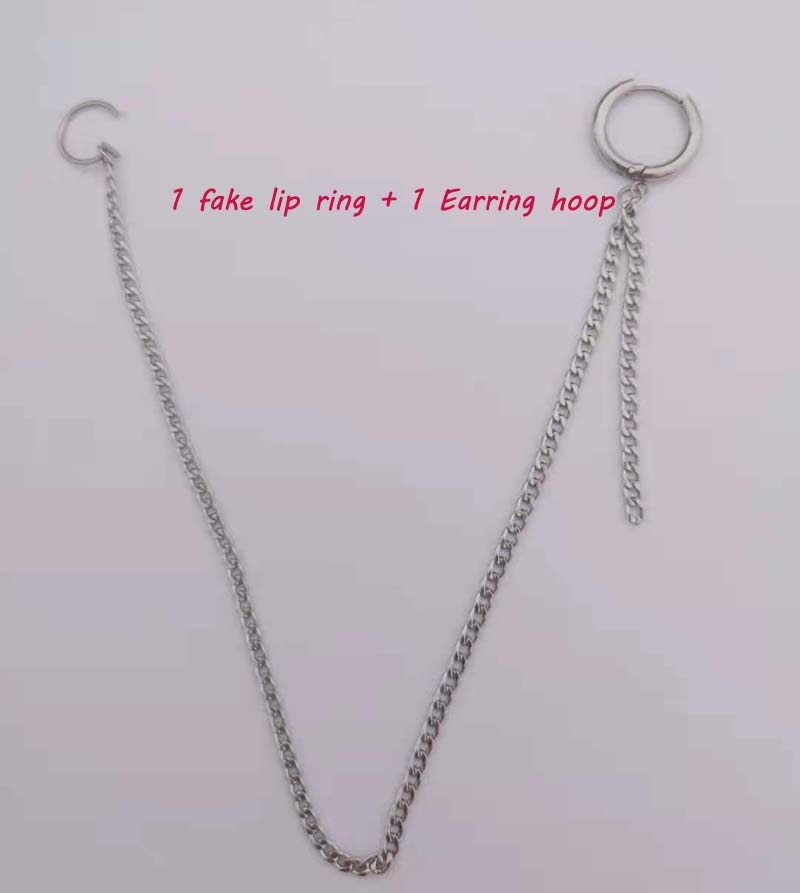 2021Newest  Lip Ring Earing 2in1 One Chain  Linked Fake Lip Piercing Fake Septum Labret  Punk Jewelry C Shape Lip Piercing