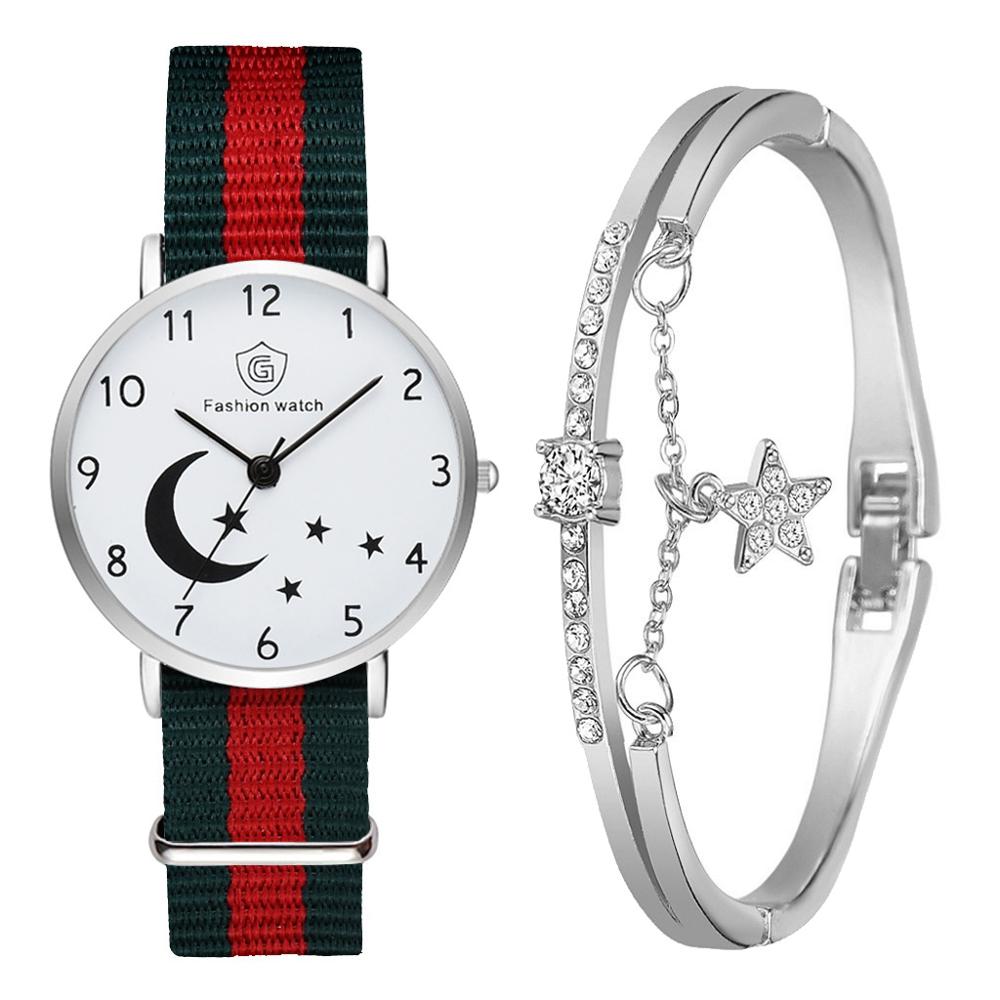 Christmas Gift Fashion Watch For Women Bracelet Set Casual Canvas Strap Ladies Watches Moon Stars Pattern Quartz Wristwatches Female Gift Clock