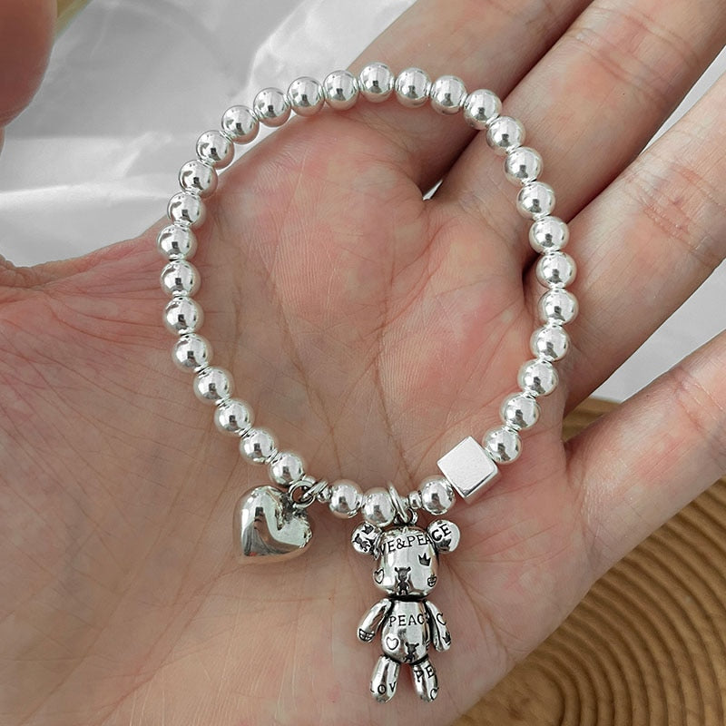 Skhek Bracelets for Women String of Beads Accessories Trend Vintage Simple Cute Bear Pendant Party Jewelry