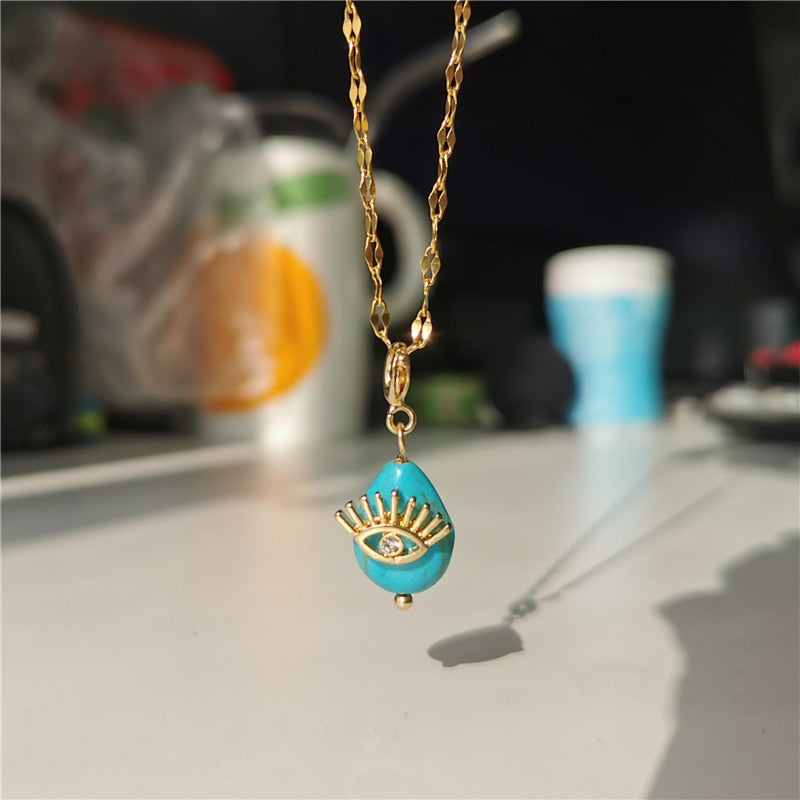SKHEK 2022 New Vintage Titanium Steel Chain Water Drop Turquoise Geometric Irregular Pendant Necklaces For Women Girls Jewelry