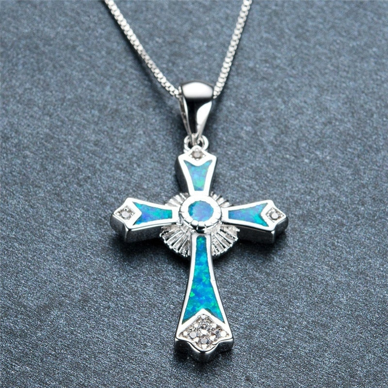Skhek Fashion Necklace Charm White/Green/Blue Imitation Fire Opal Cross Pendants Necklaces For Women/Men Accessories  Jewelry Party Gi