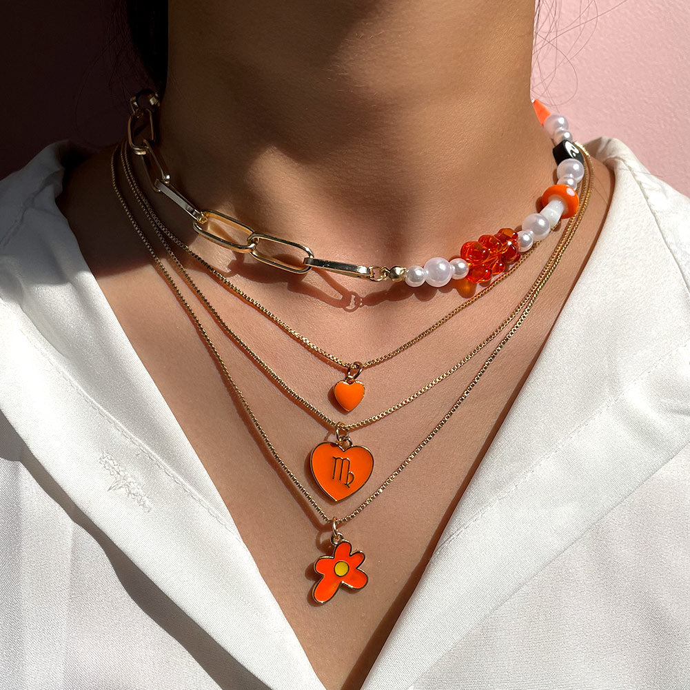 Skhek Pink Gummy Bear Pearl Beaded Choker Necklace For Women Multilayer Asymmetrical Flower Beads Metal Chain Necklace Fashion Jewelry