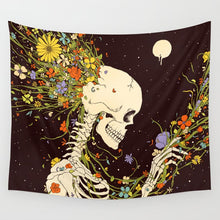 Load image into Gallery viewer, Skull King Meditating in Flowers Moon Tapestry Mandala Carpet Hippie Divination Black Skull Witchcraft Wall Hanging Blanket