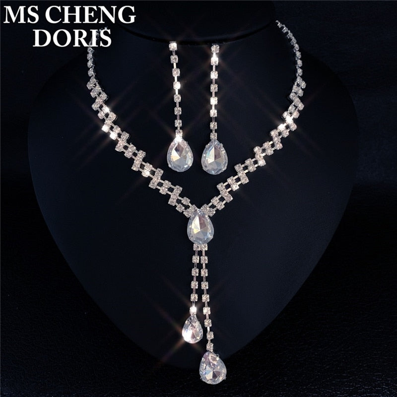 Water Drop Rhinestone Long Pendant Full Crystal Silver Plated Necklace & Earrings Elegant Bridal Wedding Jewelry Set