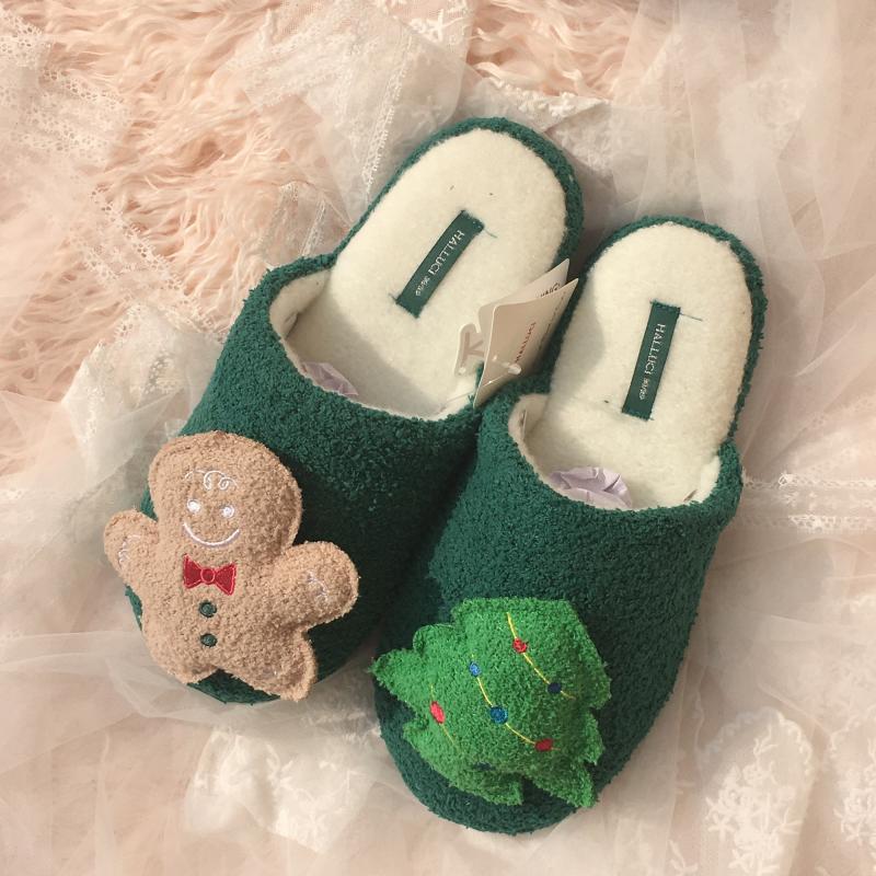 Cute Three-dimensional Gingerbread Man Christmas Tree Plush Home Cotton Slippers Indoor Non-slip Home Shoes Women