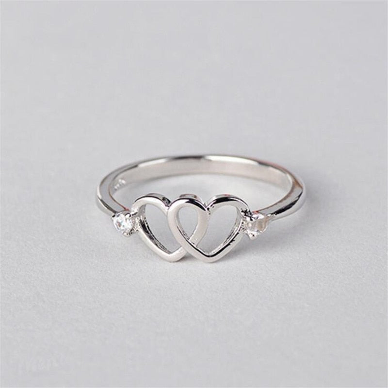 Christmas Gift New Small Fresh Heart Shaped Creative Double Love Hollow 925 Sterling Silver Jewelry Fashion Crystal Opening Rings  R137
