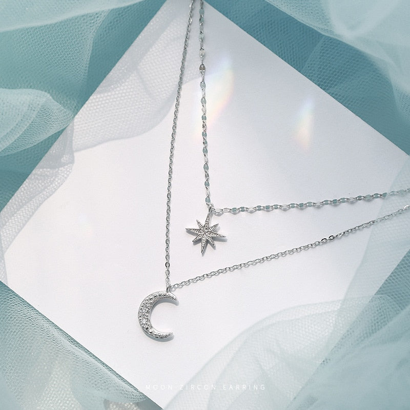 2021 New Sterling Alloy Double Layer Star Moon Necklace Women Clavicle Chain Fine Jewelry Party Wedding Accessories