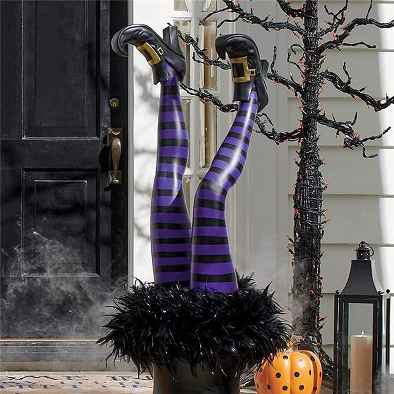SKHEK 1 Pair Halloween Evil Witch Legs Props Upside Down Wizard Feet With Boot Stake Ornament Decoration For Front Yard Lawn Dropship