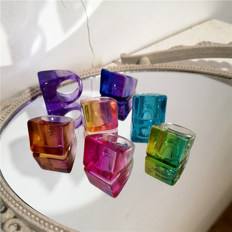 SKHEK 2022 New Transparent Colorful Gradient Acrylic Resin Geometric Square Rings For Women Girls Travel Party Aesthetic Jewelry Gifts