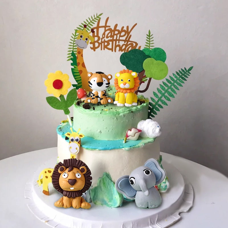 Skhek Woodland Amimals Happy Birthday Cake Toppers Jungle Safari Cake Decor Forest Lion Giraffe Monkey Happy Birthday Party Decor Kids