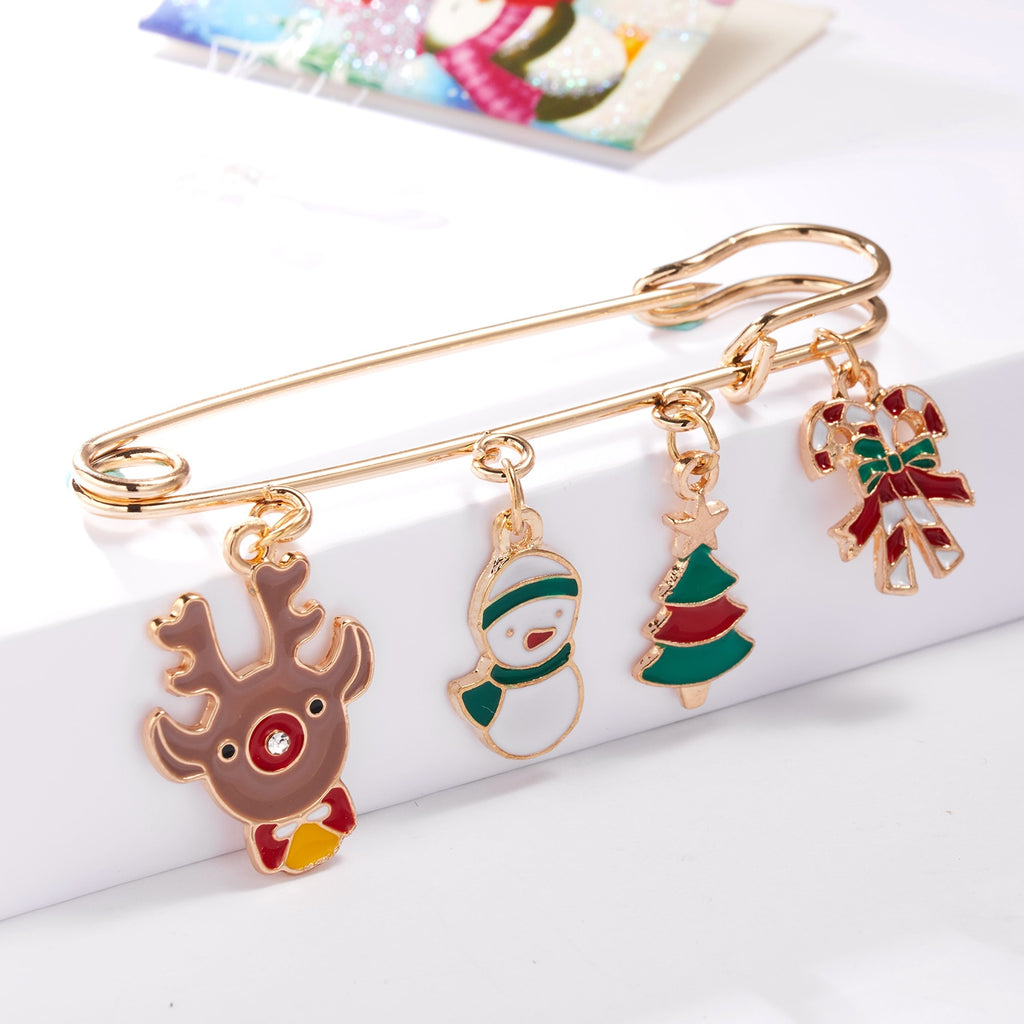Christmas Brooches Santa Claus Snowman Snowflake Chain Tassel Pins For Women Lovely Elk Christmas Tree Gloves Neddle Pin Jewelry