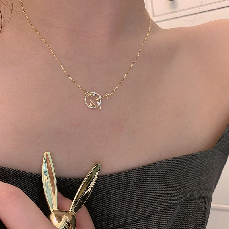 Skhek Simple Diamond Gold Planet Pendant Necklace Women Fashion Wedding Party Jewelry Accessories
