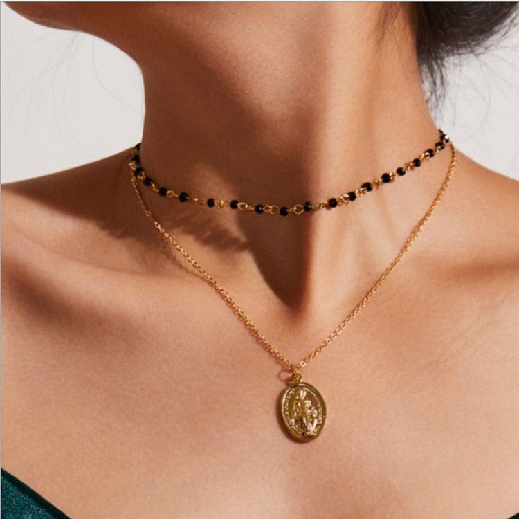 Retro Portrait Exaggerated Thick Chain Necklace Double Layer Cool Chain Hip Hop Necklace Short Clavicle Chain Accessories