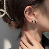 Skhek Real 925 Sterling Silver Black Enamel Square Huggies Hoop Earrings For Women Punk Fine Jewelry Accessories Drop Shipping