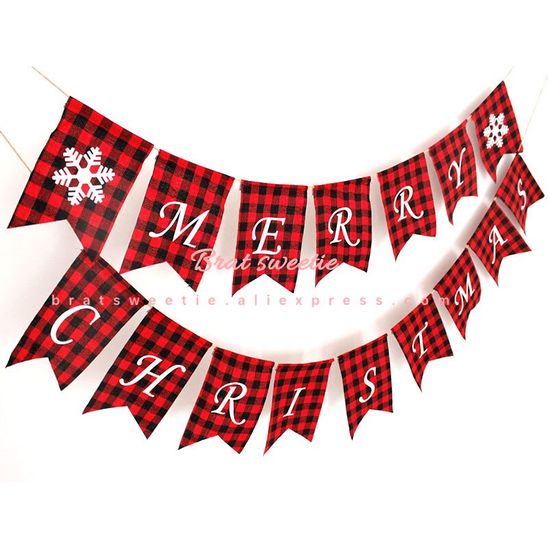 Christmas Gift Buffalo Plaid Merry Christmas Banner Burlap Noel Flag Garlands Xmas 2020 Christmas Party Decorations for Home Photo Prop