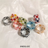 SKHEK 2022 New Korea Ins Vintage Simple Resin Colorful  Plaid Opening Rings For Women Girls Fashion Aesthetic Jewelry Accessories Gift