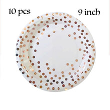Load image into Gallery viewer, Rose Gold Party Tableware Kit Table Cloth Knife Fork Spoon Paper Cup Plates Straws Baby Shower Wedding Birthday Party Decor