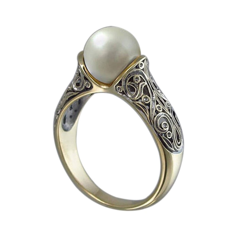 Skhek Fashion Imitation Pearl Ring Jewelry Elegant Vintage Pattern Wedding Ring For Women Accessories Party Women's Rings