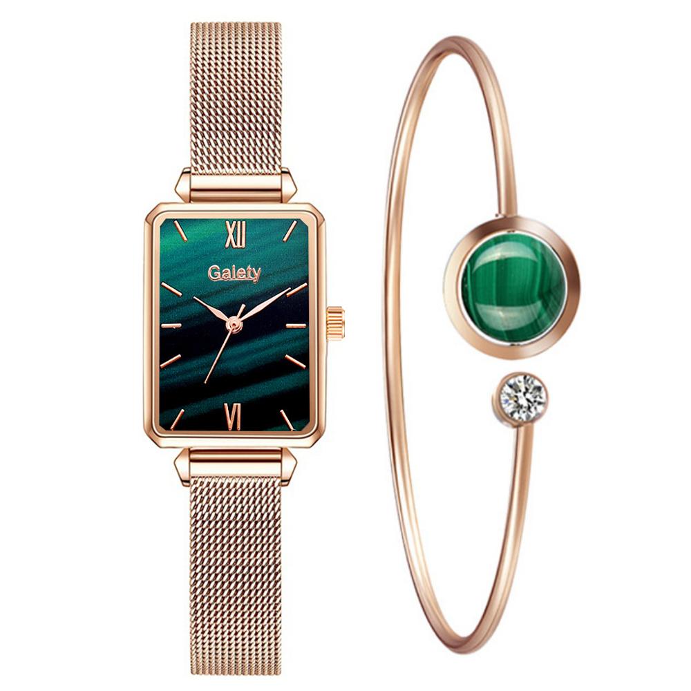 Christmas Gift Gaiety Brand Women Watches Fashion Square Ladies Quartz Watch Bracelet Set Green Dial Simple Rose Gold Mesh Luxury Women Watches