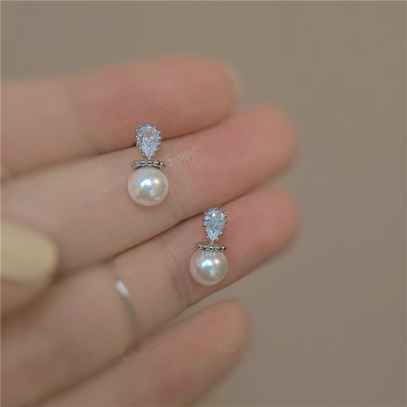 Christmas Gift 925 Sterling Silver Japanese Water Drop Crystal Pearl Plating 14k Gold Stud Earrings Women Small Fresh Charm Party Jewelry