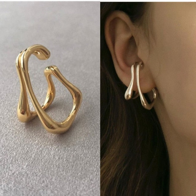 SKHEK 2022 New Double Layer Metal Geometric No Pierced Ear Bone Clip Gold Color Silver Color Rhinestone For Women Jewelry