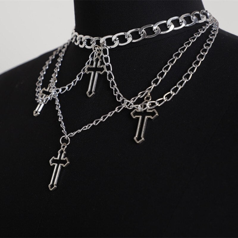 New Vintage Round Tassel Rhinestone Butterfly Double Necklace Hollow Cross Chain Necklaces Choker For Women Fashion Jewelry