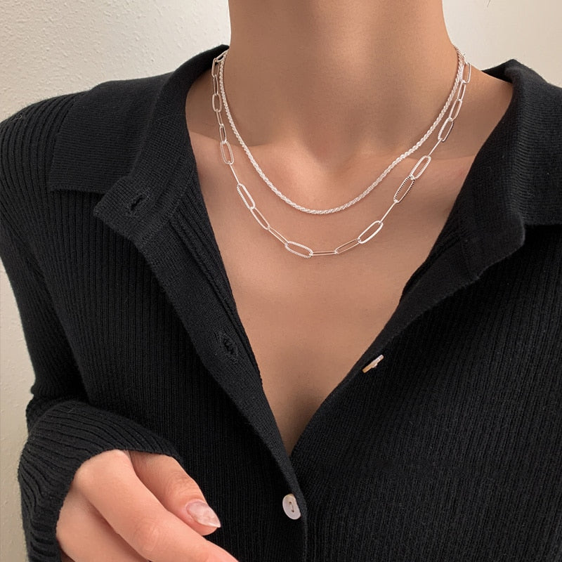 925 Sterling Silver Necklace Bright Flash Chain Geometric Rectangle Choker for Women Fine Jewelry Temperament Clavicle Chain
