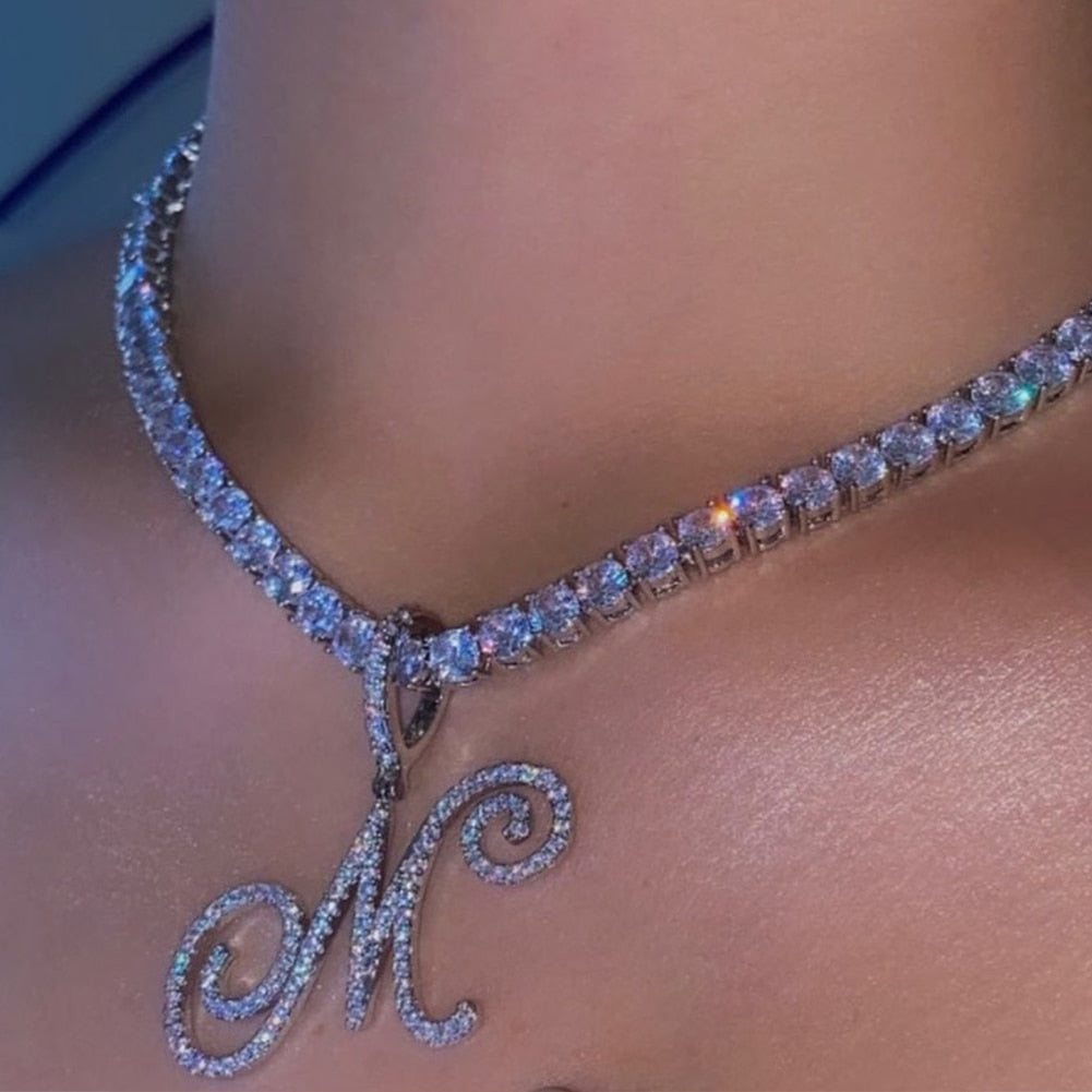Skhek Bling Crystal Initial Cursive Letters Pendant Zircon Necklace For Women Men Stainless Steel Cuban Chain Necklace Hip Hop Jewelry