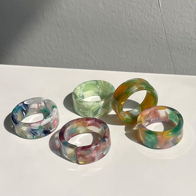 2021 New Transparent  Colourful Resin Acrylic Rhinestone Geometric Square Circle Rings Set for Women Girls Jewelry Gifts