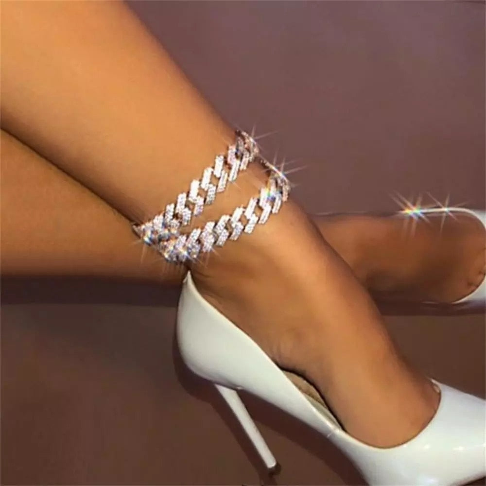 Skhek Hip Hop Iced Out Cuban Link Chain Anklet Bracelet For Women Gold Silver Color Rhinestone Anklets Jewelry Beach Barefoot Chain