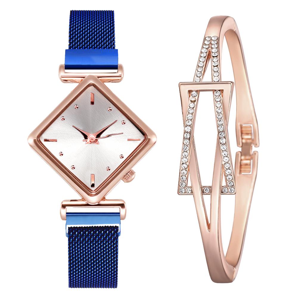 Christmas Gift Fashion 2pcs/set Women Watches Bracelet Set Square Dial Rose Gold Magnet Watch Dress Ladies Bracelet Wrist Watches Luxury Clock