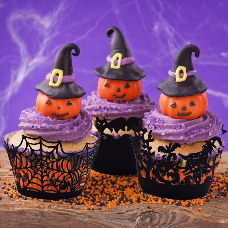 SKHEK Halloween 12Pcs Halloween Cupcake Wrapper Baking Cup Hollow Out Paper Cake Wrapper Witch Spiderweb Castle Halloween Decoration