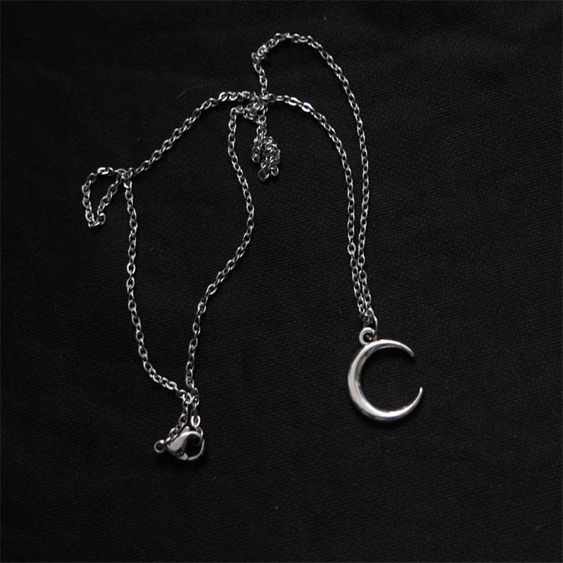 SKHEK Kpop Vintage Harajuku Goth Metal Moon Pendant Chain Necklace For Cool Egirl Women Men BFF Halloween Aesthetic Jewelry Gifts