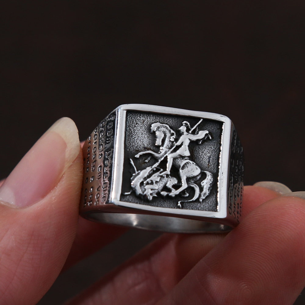 Skhek Vintage Stainless Steel Saint Michael Protective Ring Mens Punk Roman Paladin Badge Biker Ring Jewelry Free Shipping