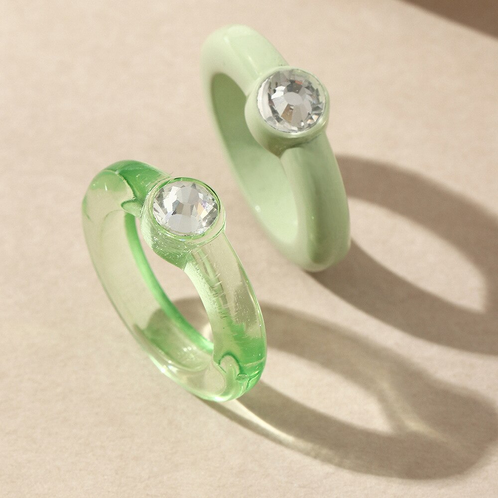 Skhek 2023 New Korean Trendy Transparent Acrylic Colorful Rectangle Rhinestone Simple Rings for Women Girls Jewelry